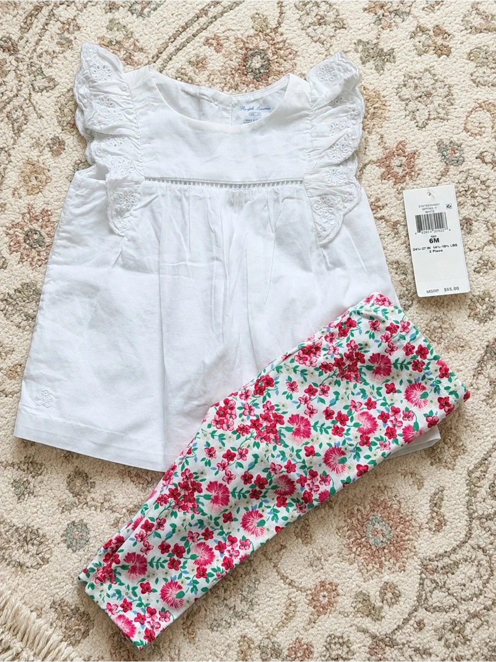 NWT Ralph Lauren Baby White Eyelet Flutter Sleeve Top with Floral Leggings Set
